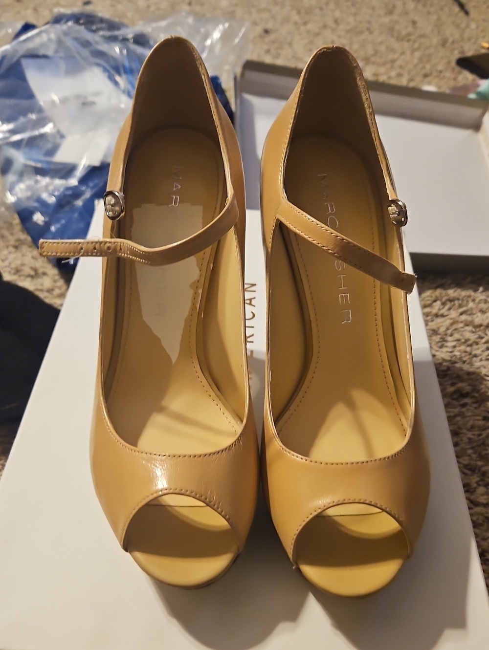 Marc Fisher Peep-Toe Mary Jane Heels in Camel Tan